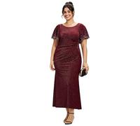 Ever-Pretty Plus Size Glitter Evening Dress Round Neck Short Sleeves Maxi Length Burgundy 26