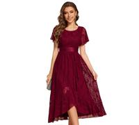 Ever-Pretty Plus Size Lace Short Sleeve Round Neckline Midi Dress Mother of The Brides for Evening Burgundy 28UK