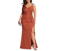 Ever-Pretty Plus Size Women Formal Evening Dress Elegant Sequin V Neck and High Slit Prom Dress Burnt Orange 18UK