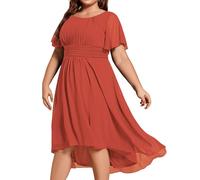 Ever-Pretty Plus Size Women Wedding Guest Dress A Line Crew Neck Short Sleeves Pleated Chiffon High Low Midi Dresses Burnt Orange 18UK
