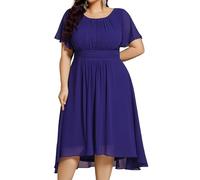 Ever-Pretty Plus Size Women Wedding Guest Dress A Line Crew Neck Short Sleeves Pleated Chiffon High Low Midi Dresses Sapphire Blue 22
