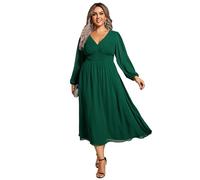 Ever-Pretty Plus Size Women Wedding Guest Dresses Long Sleeve Stretch Elastic Pleated Empire Waist A-line Midi Party Dresses Dark Green 30UK