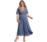 Ever-Pretty Plus Size Women's Breathable Wedding Guest Dress Short Cap Sleeves with Delicate Applique Elegant Mother of The Bride Outfits Dusty Blue 22UK