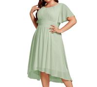 Ever-Pretty Plus Women's A Line Crew Neck Short Sleeves Pleated Chiffon Plus Size High Low Wedding Guest Dresses Mint Green 18UK