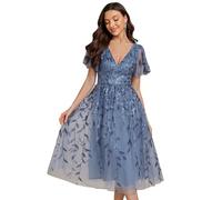 Ever-Pretty Prom Dress Leaf Sequin Short Sleeve Tulle Midi Wedding Guest Dress Dusty Blue 8UK