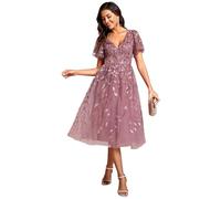 Ever-Pretty Prom Dress Leaf Sequin Short Sleeve Tulle Midi Wedding Guest Dress Orchid 12UK