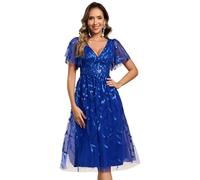 Ever-Pretty Prom Dress Leaf Sequin Short Sleeve Tulle Midi Wedding Guest Dress Sapphire Blue 12UK