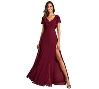 Ever-Pretty Red Prom Dresses Ruffles Sleeve A-Line High Split Chiffon Maxi Bridesmaid Dresses Burgundy 18UK