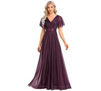 Ever-Pretty Wedding Guest Dresses for Women A Line Deep V-Neck Empire Waist Dark Purple 30