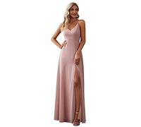 Ever-Pretty Wedding Guest Dresses for Women Elegant Spaghetti Straps V Neck Slit Chiffon Floor Length Prom Dresses Dusty Rose 14UK