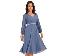 Ever-Pretty Women Dress Elegant Wedding Guest V-Neck Chiffon Midi Dress with Sheer Sleeves and Rhinestone Belt Dusty Blue 20UK