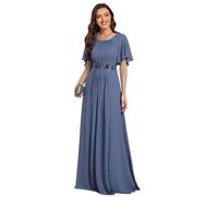 Ever-Pretty Women Dress Maxi Evening Dress Chiffon with Applique Round Neck and Short Ruffles Sleeve Floor Length Wedding Guest Bridesmaid Dress Dusty Blue 20UK