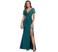 Ever-Pretty Women Dress Maxi Evening Dress with V-Neck and Short Sleeve Mother of The Brides Dress Fishtail and High Slit Dress Teal 18UK