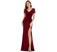 Ever-Pretty Women Dress Maxi Evening Dress with V-Neck and Short Sleeve Mother of The Brides Dress Fishtail and High Slit Dress Burgundy 8UK