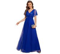Ever-Pretty Women Dress Maxi Sparkly Sequin A-Line V-Neck Tulle Short Sleeve Formal Evening Dress Long Dress Sapphire Blue 26UK