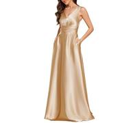 Ever-Pretty Women Dress Midi Bridesmaid Dress High-Low Chiffon with Double V and Long Sleeve Elegant Wedding Guest Dress Champagne 18UK