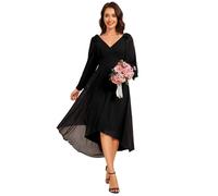 Ever-Pretty Women Dress Midi Bridesmaid Dress High-Low Chiffon with Double V and Long Sleeve Elegant Wedding Guest Dress Black 24UK