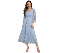 Ever-Pretty Women Dress Midi Ruched V Neck Long Lantern Sleeves Lotus Leaf Fall Bridesmaid Wedding Guest Dresses Sky Blue 18UK