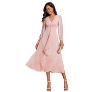 Ever-Pretty Women Dress Midi Ruched V Neck Long Lantern Sleeves Lotus Leaf Fall Bridesmaid Wedding Guest Dresses Pink 8UK