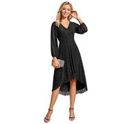 Ever-Pretty Women Dress Midi Wedding Dress Elegant High-Low Chiffon with V-Neck and Silver Stripe Long Sleeve Glitter Evening Dress Black 12UK