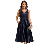 Ever-Pretty Women Dress Midi Wedding Guest Dress Satin and Sequin Sleeveless Dress with Double V Neck and Embroidery Sexy and Slittering Navy Blue 10UK