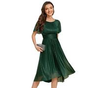 Ever-Pretty Women Dress Midi Wedding Guest Dress with Short Ruffles Sleeve and Pleated Design Diamond Fine Flash Bridesmaid Dress Dark Green 8UK