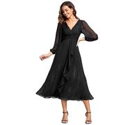 Ever-Pretty Women Dress Ruched V Neck Long Lantern Sleeves Lotus Leaf Fall Bridesmaid Wedding Guest Dresses Black 14UK