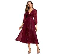 Ever-Pretty Women Dress Ruched V Neck Long Lantern Sleeves Lotus Leaf Fall Bridesmaid Wedding Guest Dresses Burgundy 12UK