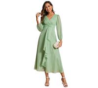 Ever-Pretty Women Dress Ruched V Neck Long Lantern Sleeves Lotus Leaf Fall Bridesmaid Wedding Guest Dresses Summer Green 14UK