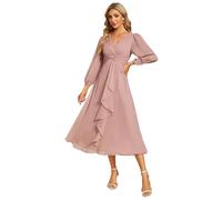 Ever-Pretty Women Dress Ruched V Neck Long Lantern Sleeves Lotus Leaf Fall Bridesmaid Wedding Guest Dresses Dusty Rose 16UK