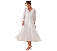 Ever-Pretty Women Dress Ruched V Neck Long Lantern Sleeves Lotus Leaf Fall Bridesmaid Wedding Guest Dresses Cream 12UK