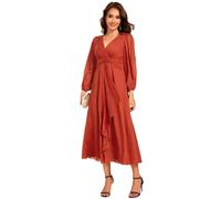 Ever-Pretty Women Dress Ruched V Neck Long Lantern Sleeves Lotus Leaf Fall Bridesmaid Wedding Guest Dresses Burnt Orange 18UK