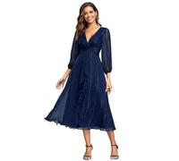 Ever-Pretty Women Dress Ruched V Neck Long Lantern Sleeves Lotus Leaf Fall Bridesmaid Wedding Guest Dresses Navy Blue 24UK