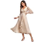 Ever-Pretty Women Dress Ruched V Neck Long Lantern Sleeves Lotus Leaf Fall Bridesmaid Wedding Guest Dresses Champagne 24UK