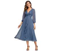 Ever-Pretty Women Dress Ruched V Neck Long Lantern Sleeves Lotus Leaf Fall Bridesmaid Wedding Guest Dresses Dusty Blue 18UK
