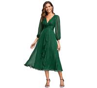 Ever-Pretty Women Dress Ruched V Neck Long Lantern Sleeves Lotus Leaf Fall Bridesmaid Wedding Guest Dresses Dark Green 8UK