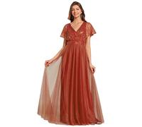 Ever-Pretty Women Dress Sparkly Sequin A-Line V-Neck Tulle Formal Evening Dress Burnt Orange 18UK