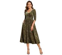 Ever-Pretty Women Dress Velvet Jacquard Wedding Guest Midi Dress with Deep V and 3/4 Sleeves Olive Green 20UK