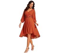 Ever-Pretty Women Dress Wedding Guest Chiffon Dress Midi Applique with V-Neck and High Waist Desigh and Skeleton Sleeves Burnt Orange 14UK