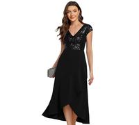 Ever-Pretty Women Formal Midi Evening Dress Sequin High Low with V Neck Shining Wedding Guest Dress for Mother of The Brides Black 12UK