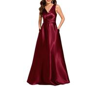Ever-Pretty Women Maxi Bridesmaid Dress Pleated A-Line Satin Sleeveless Double V Burgundy 18UK