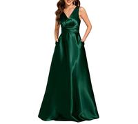 Ever-Pretty Women Maxi Bridesmaid Dress Pleated A-Line Satin Sleeveless Double V Dark Green 18UK