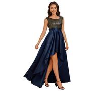 Ever-Pretty Women Maxi Prom Dresses Round Neck and A Line Empire Waist Satin Skirt with Sequin High-Low Dress Navy Blue 16UK