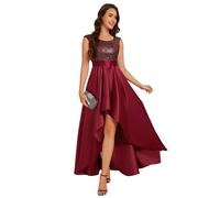 Ever-Pretty Women Maxi Prom Dresses Round Neck and A Line Empire Waist Satin Skirt with Sequin High-Low Dress Burgundy 12UK