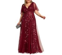 Ever-Pretty Women Plus Size Evening Dress Sequins Floor Length Short Sleeves Burgundy 26
