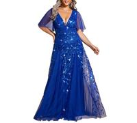 Ever-Pretty Women Plus Size Evening Dress Sequins Floor Length Short Sleeves Sapphire Blue 24
