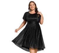 Ever-Pretty Women Plus Size Midi Wedding Guest Dress Round Neck Short Sleeves Black 22