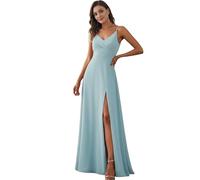 Ever-Pretty Women's A Line Spaghetti Straps V Neck Long Chiffon Asymmetry Prom Dress with Slit Sky Blue 8