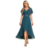 Ever-Pretty Women's A Line V Neck Applique Tea Length Wedding Guest Dress Teal 12