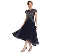 Ever-Pretty Women's Beaded Wedding Guest Dress Illusion Neckline Cap Sleeve Chiffon Midi Dress for Formal Cocktail Evening Gown Navy Blue 18UK